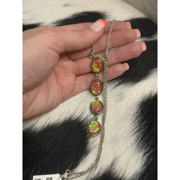 Native American Sterling Silver Pink Fire Opal 4 Stone Lariat Dangle Necklace - Picture 8 of 9